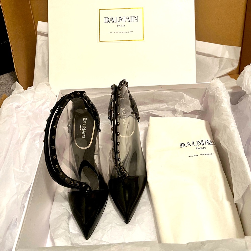 BALMAIN Isis studded PVC and patent leather ankle boots.